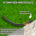 Detailaufnahme der robusten Materialstruktur des ANTHBOT Gehäuseschutzes in Anthrazit.