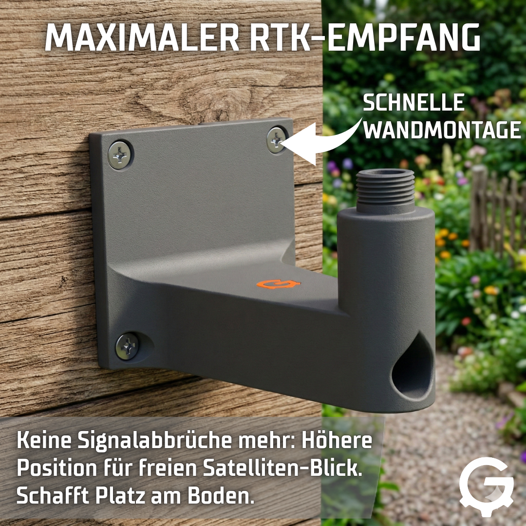 ANTHBOT RTK-Wandhalterung an einer Gartenhütte montiert für besseren GPS-Empfang und stabileres Signal.