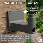 ANTHBOT RTK-Wandhalterung an einer Gartenhütte montiert für besseren GPS-Empfang und stabileres Signal.