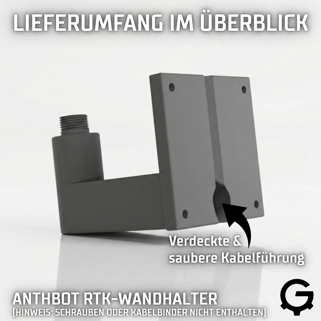 ANTHBOT RTK-Halterung mit optimierter Kabeldurchführung für eine saubere und regengeschützte Installation.