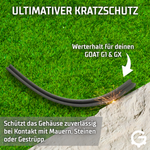 Schutz-Bumper am Ecovacs GOAT Mähroboter verhindert Kratzer am Gehäuse beim Kontakt mit einer Hauswand oder Gartenmauer.