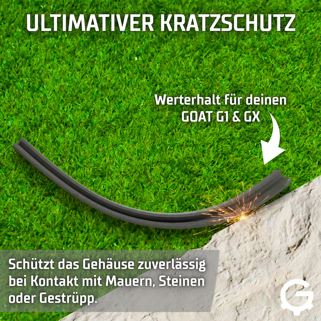 Schutz-Bumper am Ecovacs GOAT Mähroboter verhindert Kratzer am Gehäuse beim Kontakt mit einer Hauswand oder Gartenmauer.