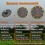 Größenvergleich der GreenGears3D Tuning-Messerteller Varianten Standard 220mm (97g), XL 234mm (119g) und XXL 250mm Schnittbreite (157g) für Ecovacs Goat.