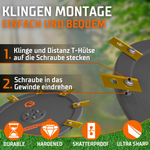 Detailaufnahme des GreenGears3D Messertellers mit integrierten M4 Messing-Einschmelzgewinden und Edelstahl T-Distanzhülsen für sicheren Klingenhalt am Ecovacs Goat.