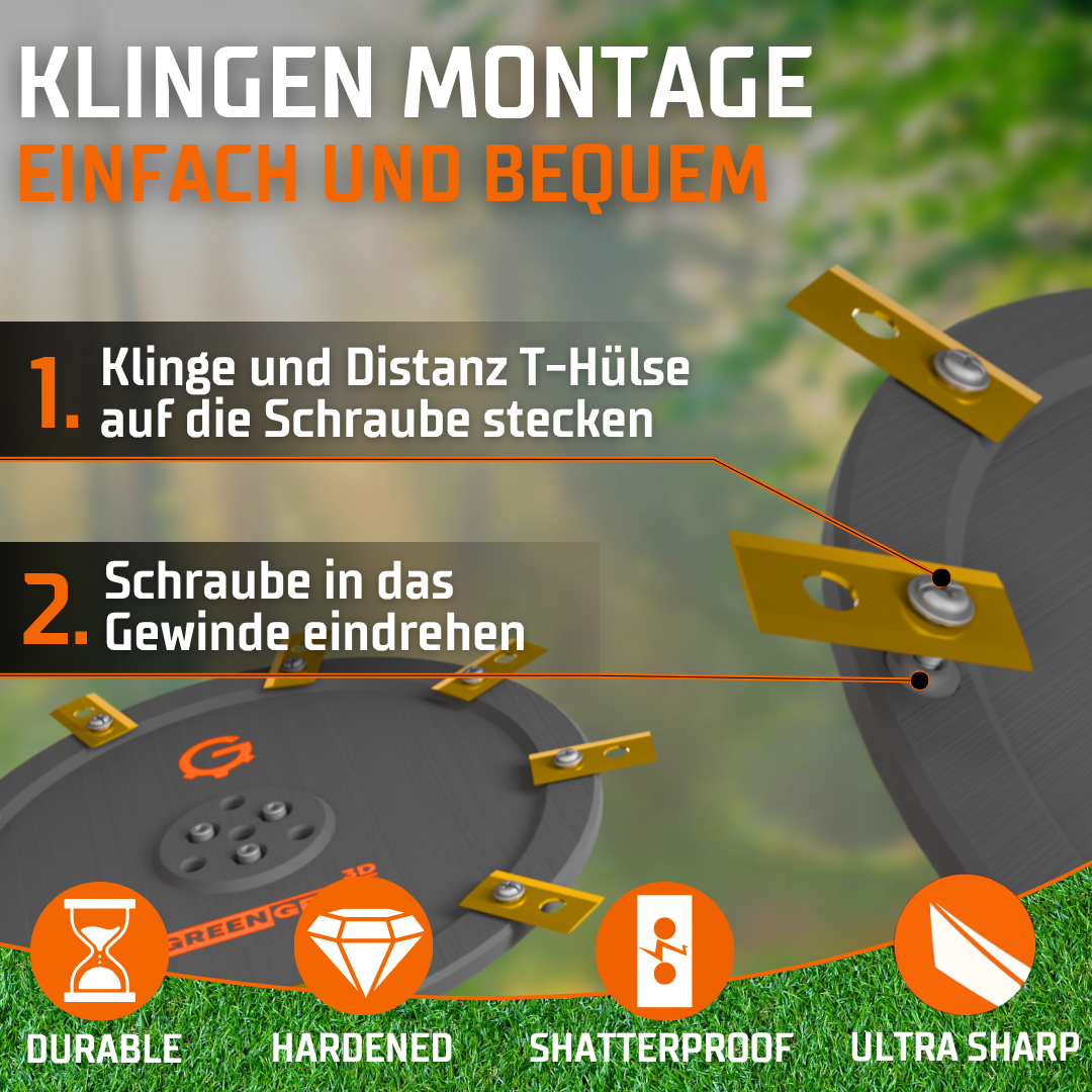 Detailaufnahme des GreenGears3D Messertellers mit integrierten M4 Messing-Einschmelzgewinden und Edelstahl T-Distanzhülsen für sicheren Klingenhalt am Ecovacs Goat.