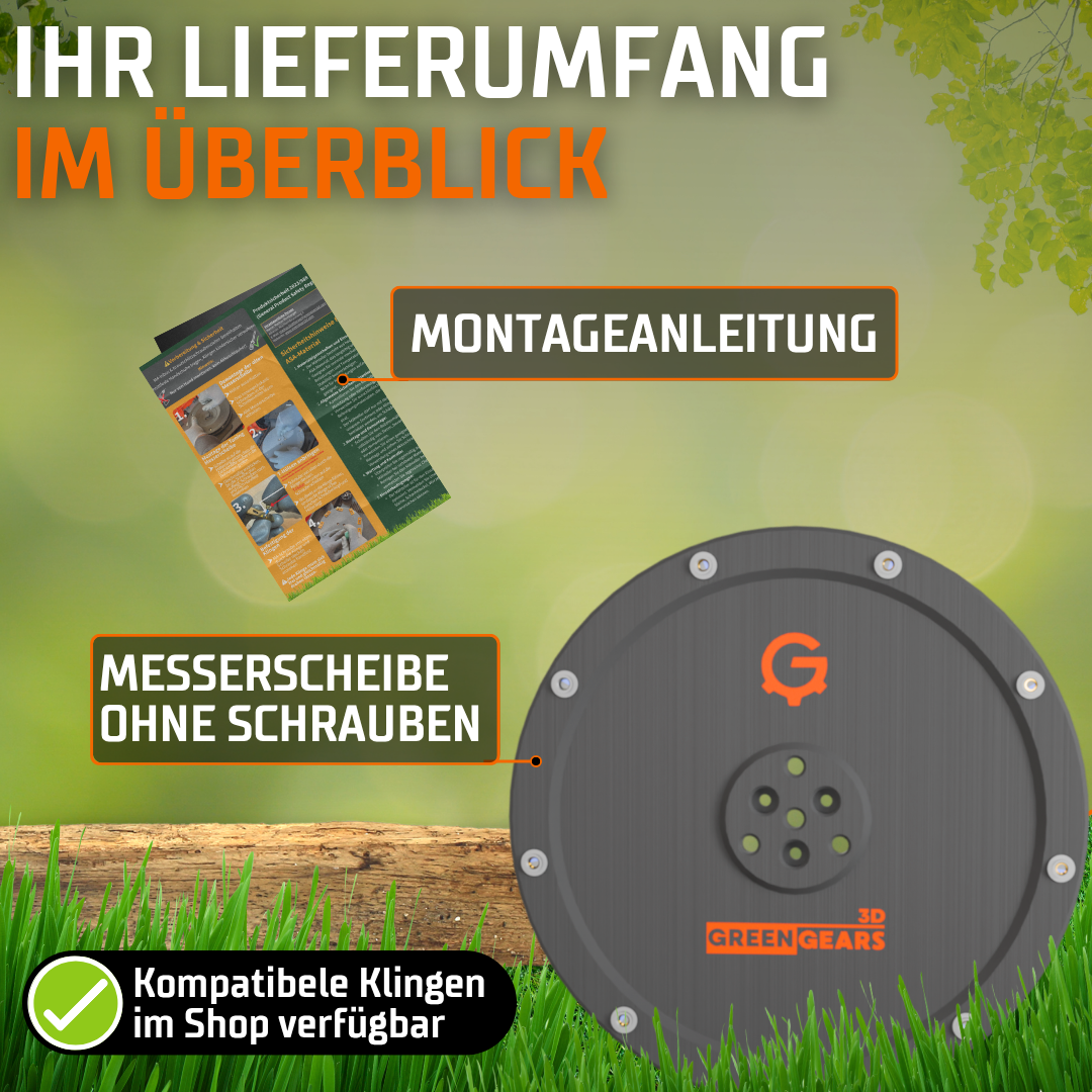 Lieferumfang des GreenGears3D Tuning-Messertellers für Ecovacs Goat optional wählbar als Bundle mit 9 Klingen oder 45 Ersatzklingen inklusive Schrauben.