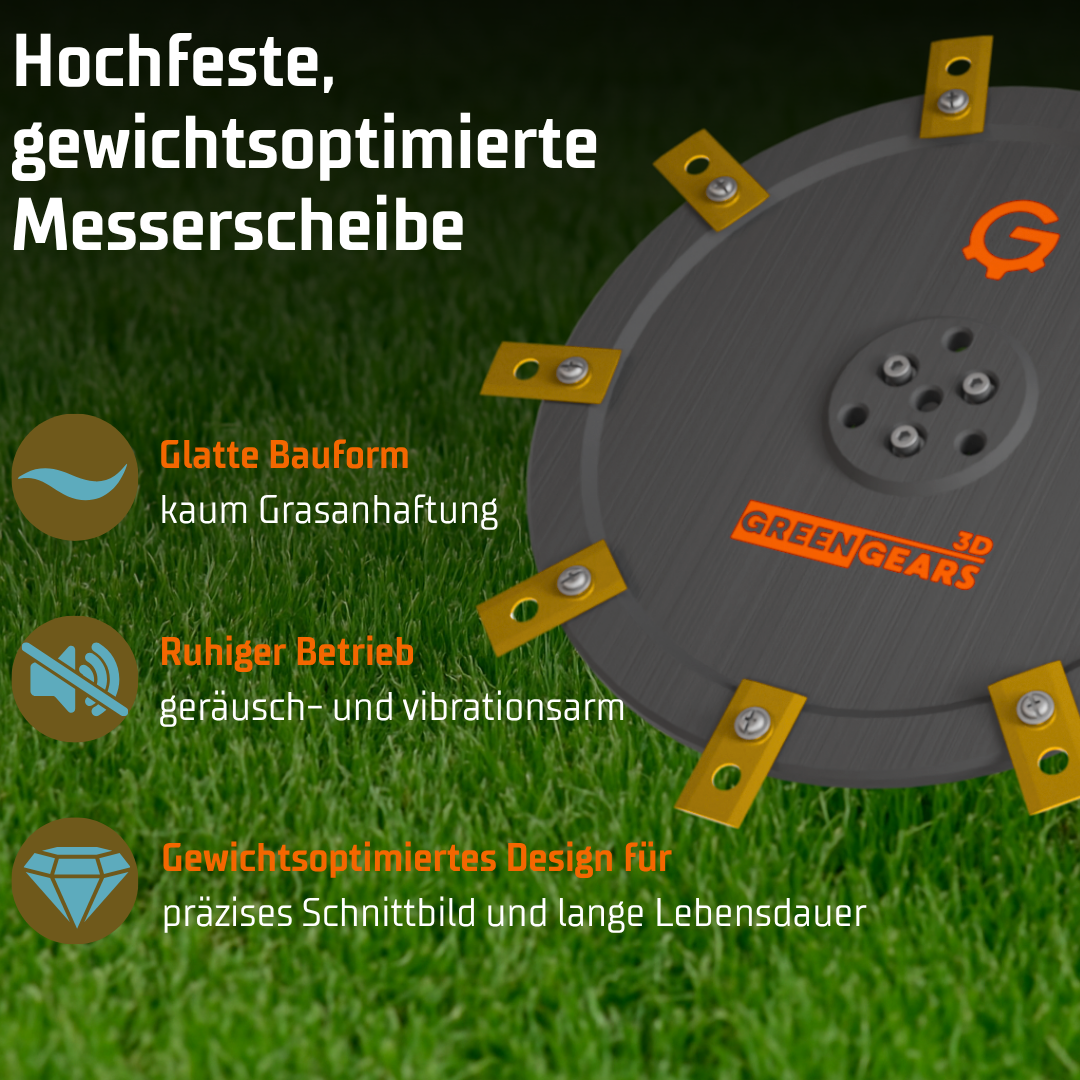 Gewichtsoptimiertes Design: GreenGears3D Tuning-Messerteller für Ecovacs Goat Mähroboter mit ultraleichter Leichtbau-Konstruktion zur Reduzierung von Motorverschleiß und Erhöhung der Akkulaufzeit.