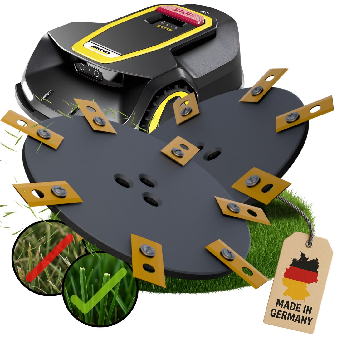 GreenGears3D Tuning-Set für Kärcher RCX 6: Zwei 7-Klingen Messerteller für das Doppel-Mähwerk im Vergleich zum Original.