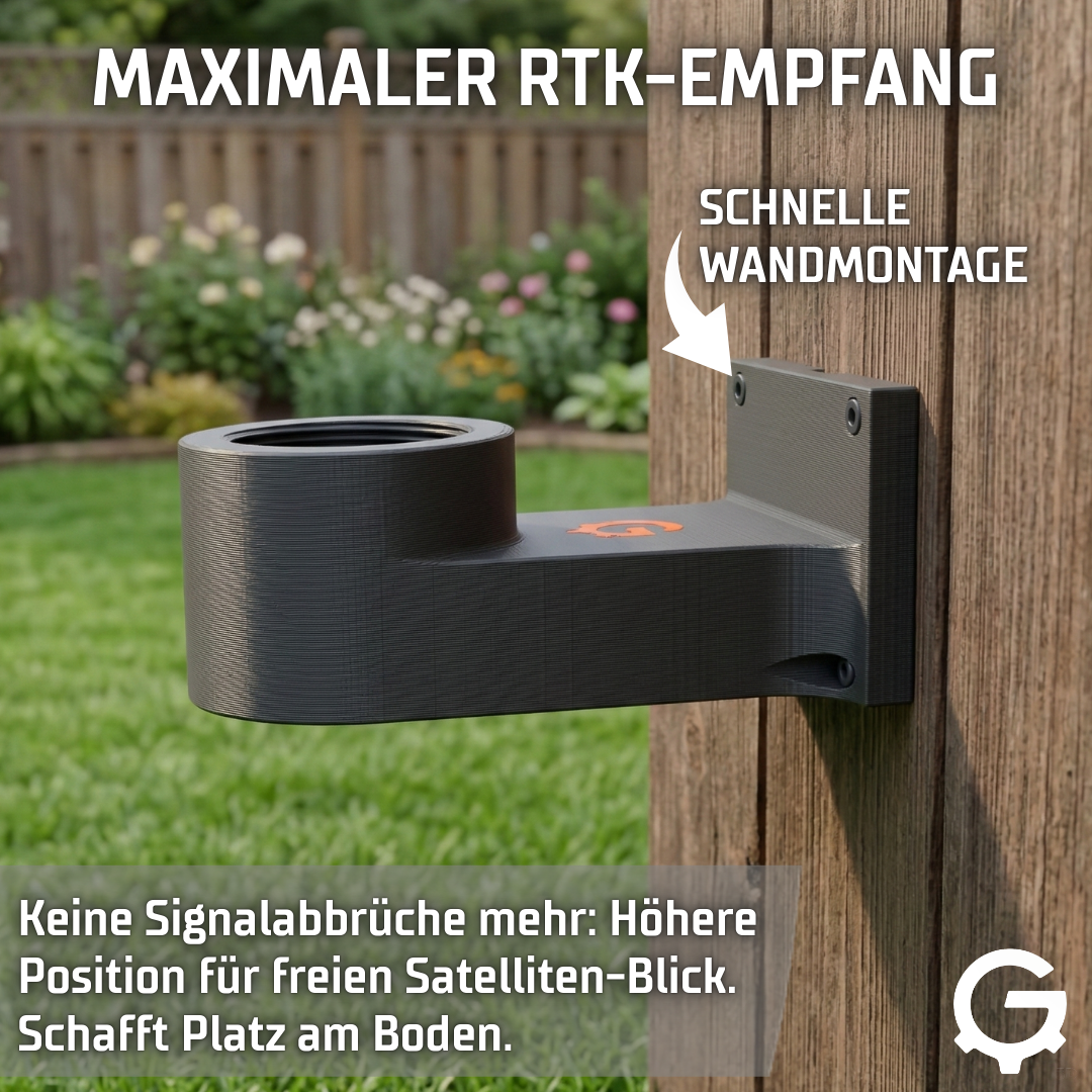 Mammotion Luba und Yuka RTK-Wandhalterung an einer Hauswand montiert für optimales GPS.