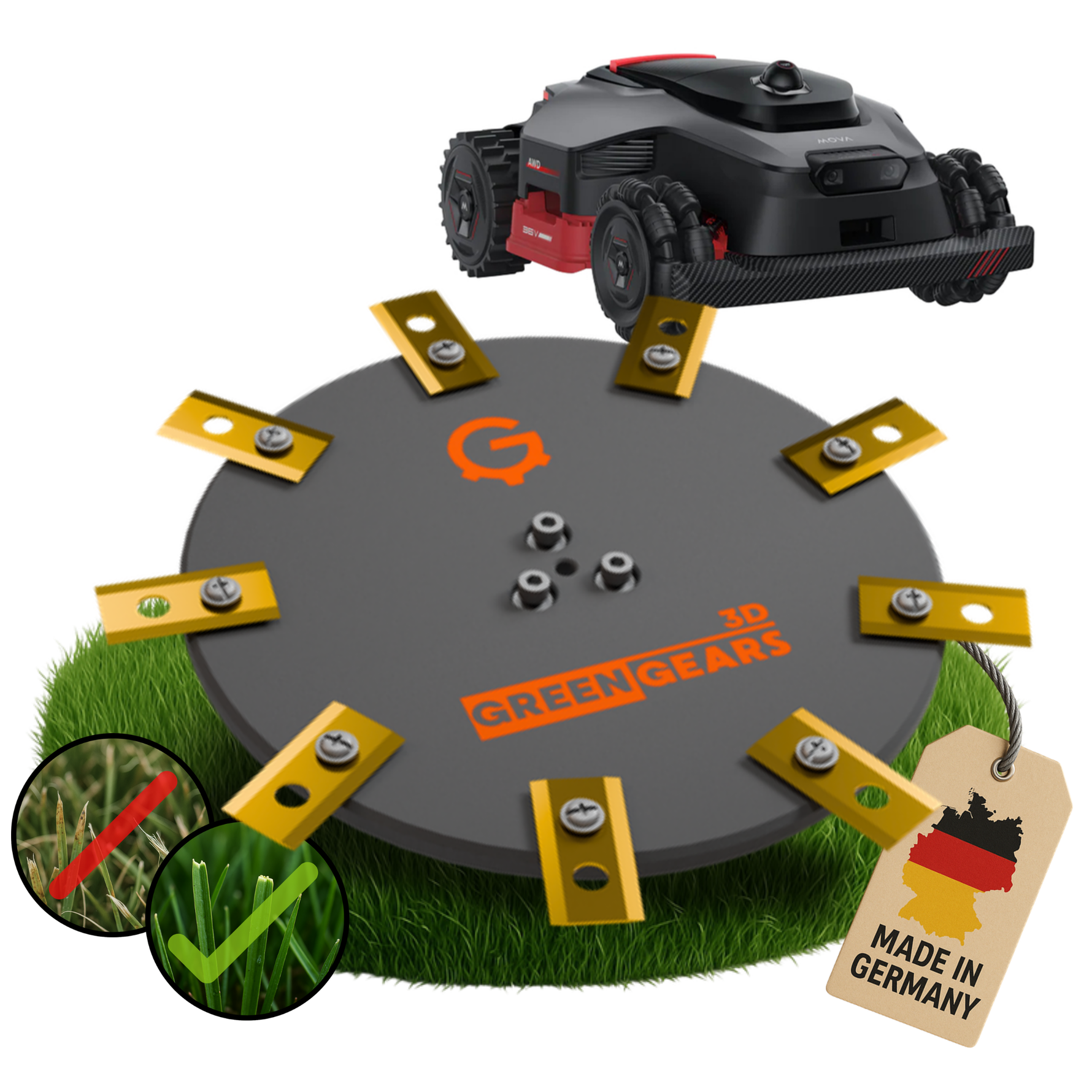 Mova LiDAX Ultra AWD 9-Blade EasyCut Blade Disc – Product view with mower behind blade disc
