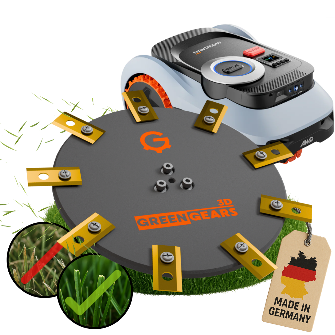 Navimow i2 LiDAR (PRO) 9-Klingen EasyCut Messerteller – Produktansicht mit Mähroboter hinter dem Messerteller