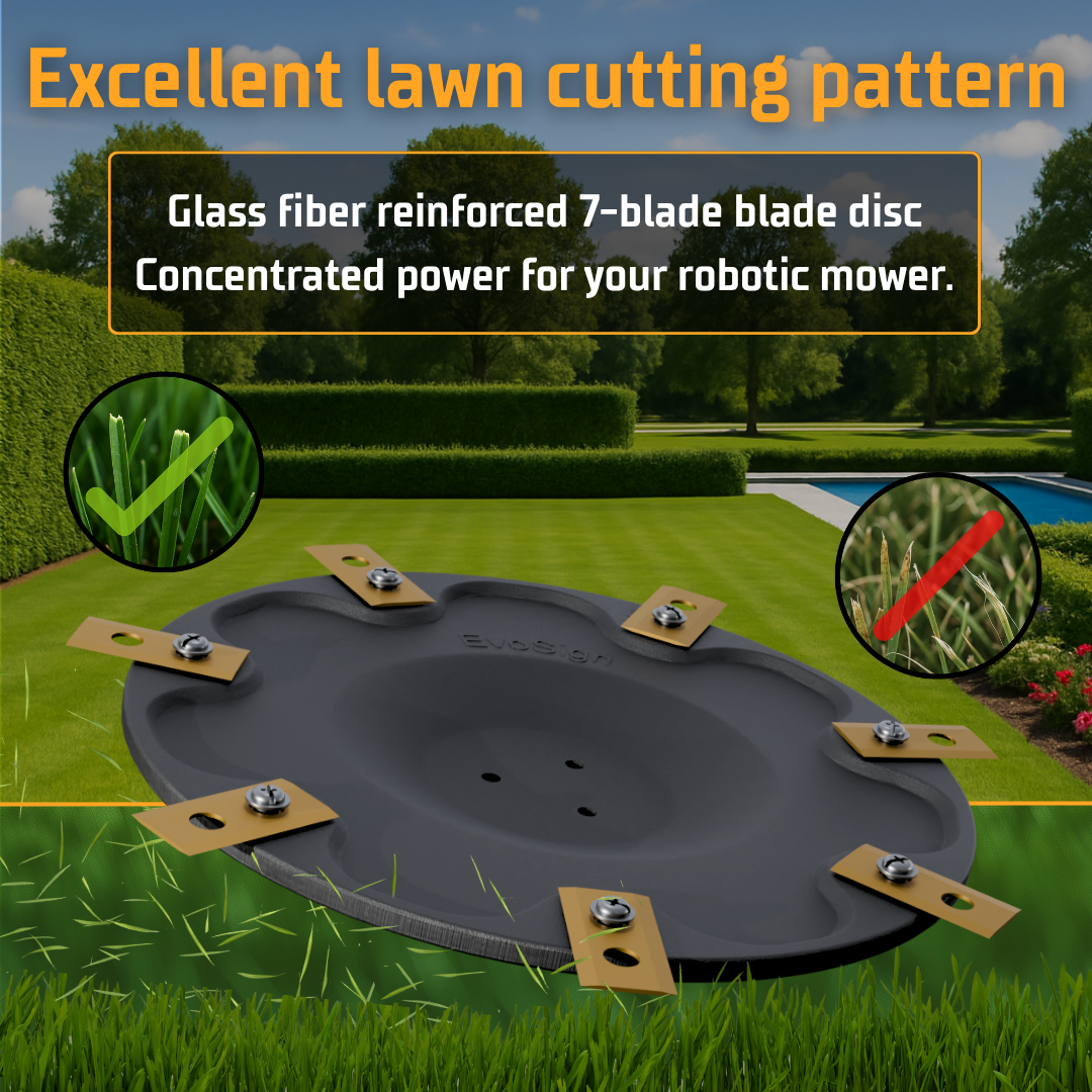 Close-up of EvoSign 7-Blade mower blade disc for ECOVACS GOAT G1 and GX-600 robotic lawn mowers