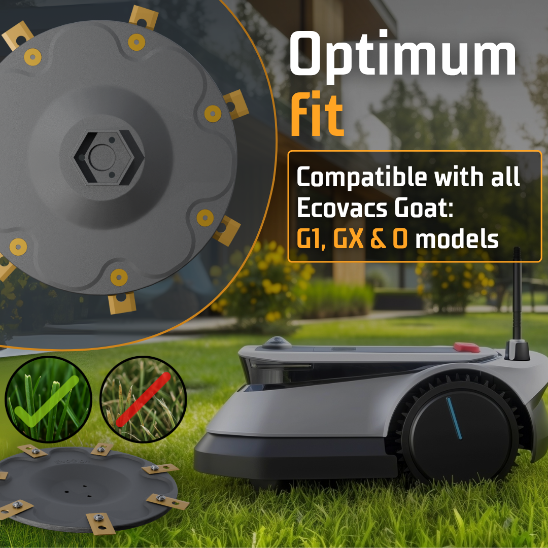 EvoSign mower blade disc mounted on ECOVACS GOAT G1 robotic lawn mower – clean and precise cutting